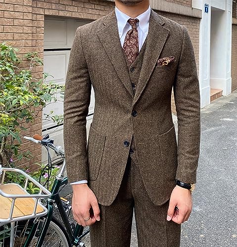 Men's 3 Pieces Suit Slim Fit Suit Tweed Herringbone Business Suit Pants Set for Wedding Party(Blazer+Vest+Pants)3