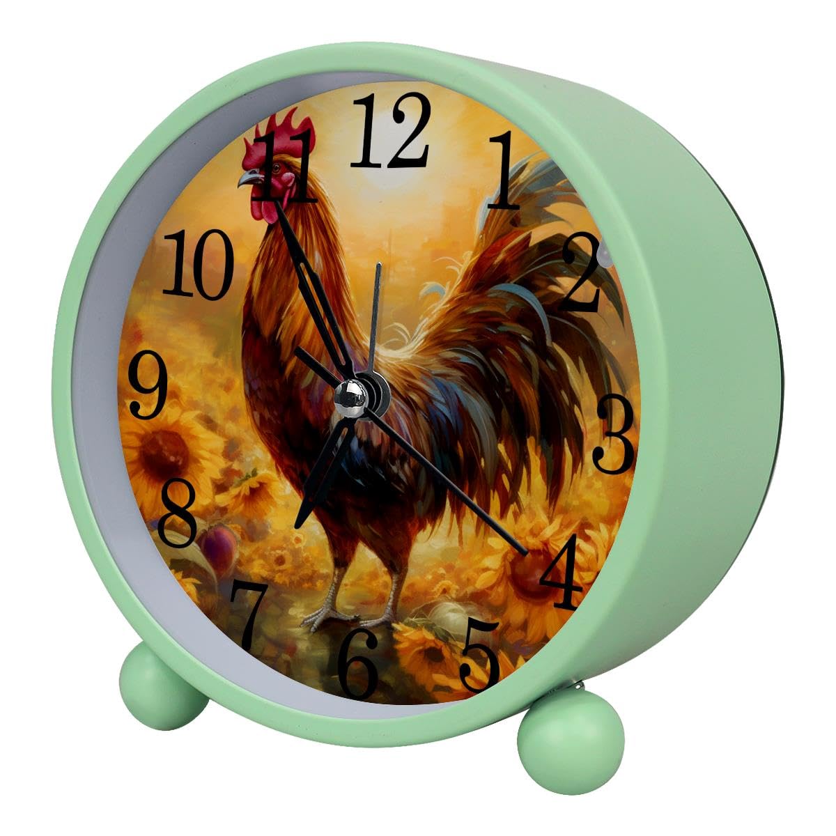 Alarm Clock Rooster Sunflower Sunset, Silent Non-Ticking with Night Light