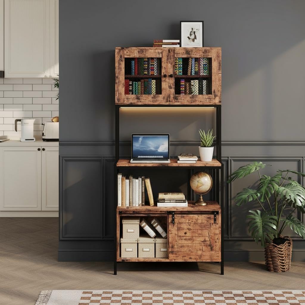 6-Tier Kitchen Baker's Rack with Power Outlets and Storage Cabinet, Large Microwave Stand, Coffee Bar Station with 8 s-Hooks, Freestanding Utility Organizer Rack, Vintage Brown