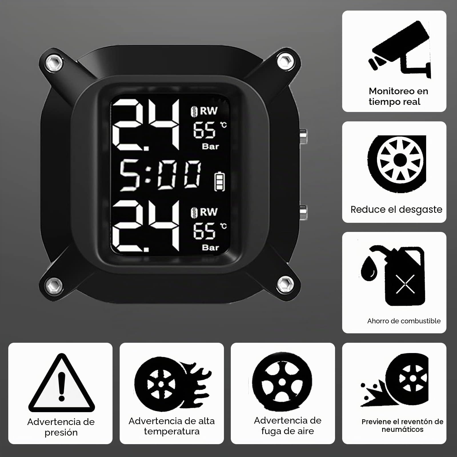 Monitoreo de Presión de Neumáticos,Kikuo Tpms Sistema de Monitoreo de Presión de Neumáticos Temperatura Manómetro Probador de Presión de Neumáticos con Pantalla y 2 Sensores Externos