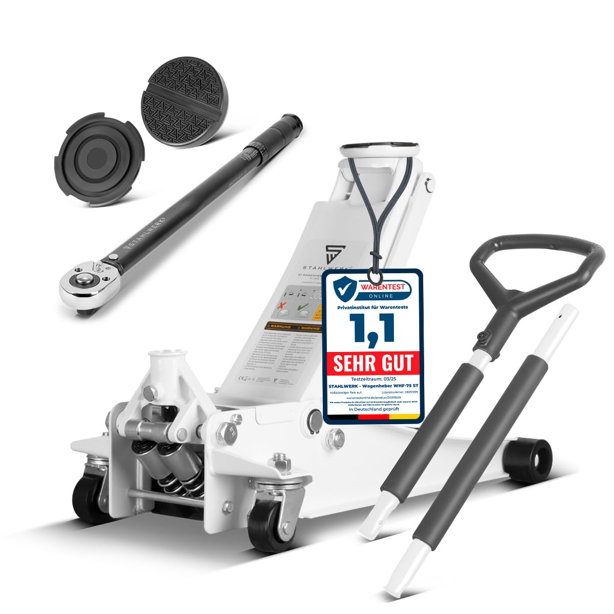 STAHLWERK Hydraulischer Wagenheber mit 3 t Tragkraft im Set – extra flach, 73-500 mm Hubbereich, gummierte Rollen, Doppelhubkolben, Rangierwagenheber, Hydraulik-Wagenheber, Autoheber (WHW-73 ST)