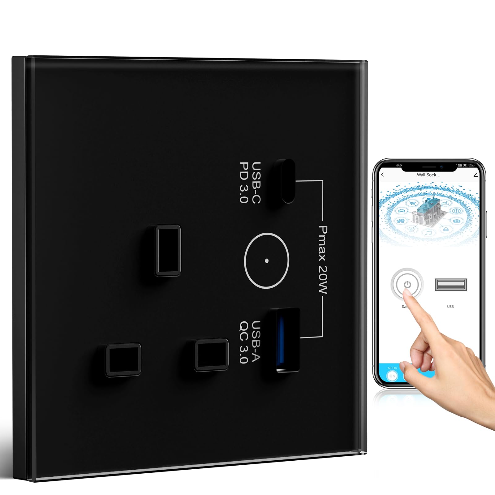 BSEEDWiFi Smart Socket with USB and Type-C, 13A Black - Compatible with Alexa and Google Home, Timer and App Remote Control for Smart Life