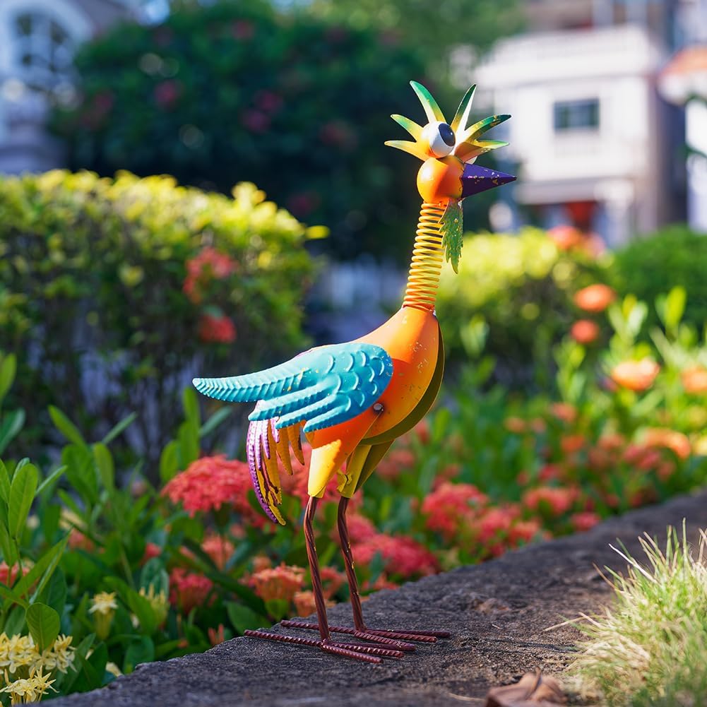 Metal Wacky Rooste Garden Statue, Rooster Decor Yard Statue Decorations Outdoor, Chicken Yard Art for Outside, Patio, Backyrad, Lawn (Orange)