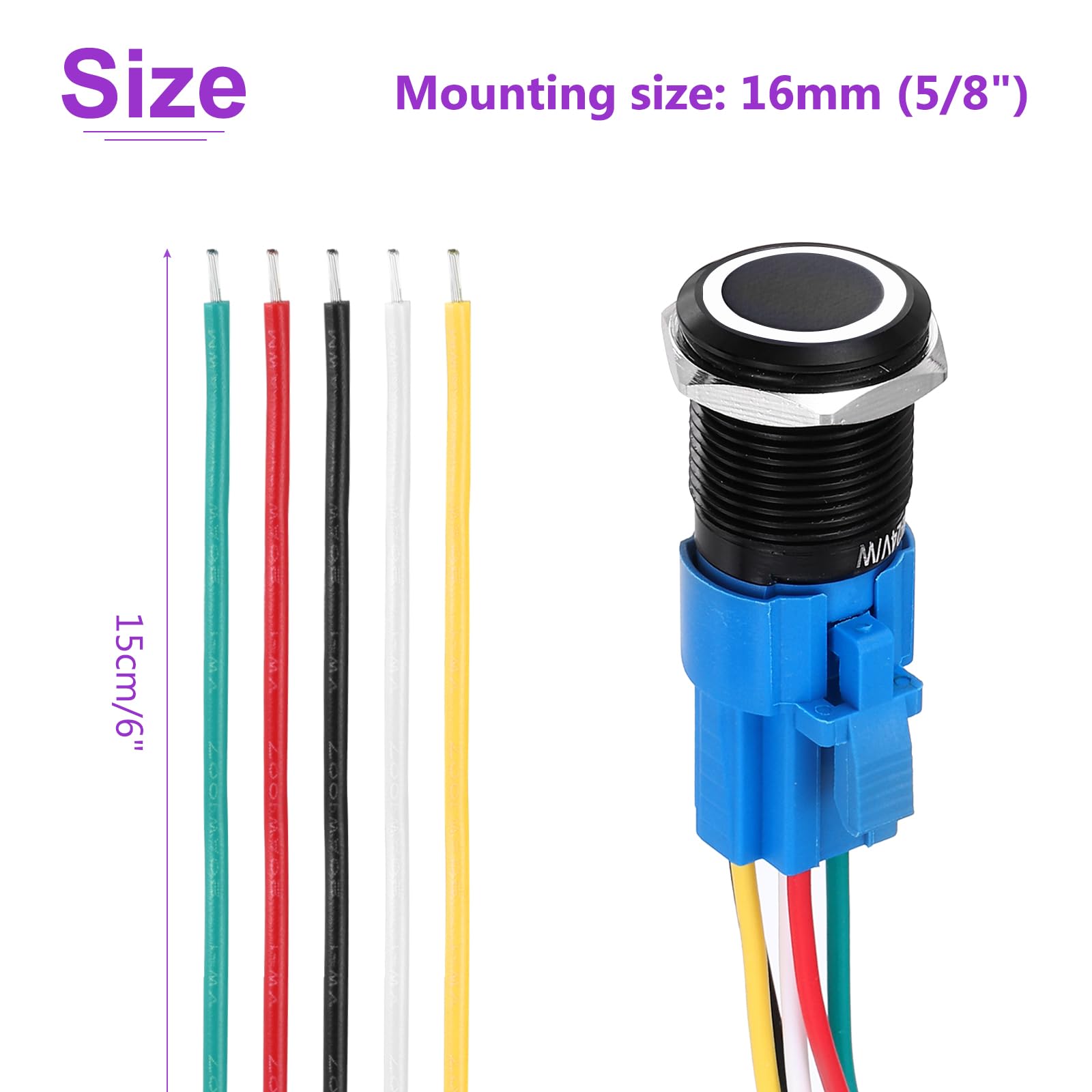 DMiotech 2 Pcs 5/8" Aluminium Alloy Momentary Push Button Switch 5Pin 1NO1NC 3A 12-24V Black Flat Button White Ring Lamp with Socket Plug with Wire for Car Boat Systems - Image 4