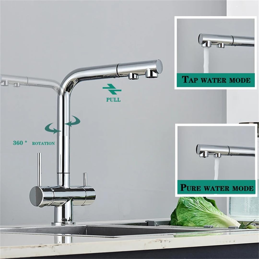 Grifos de Fregadero Grifo de Cocina extraíble con Doble caño Giratorio Filtro de Agua Potable Purificador de latón Grifo Mezclador para Fregadero Grifo de Agua Caliente y fría