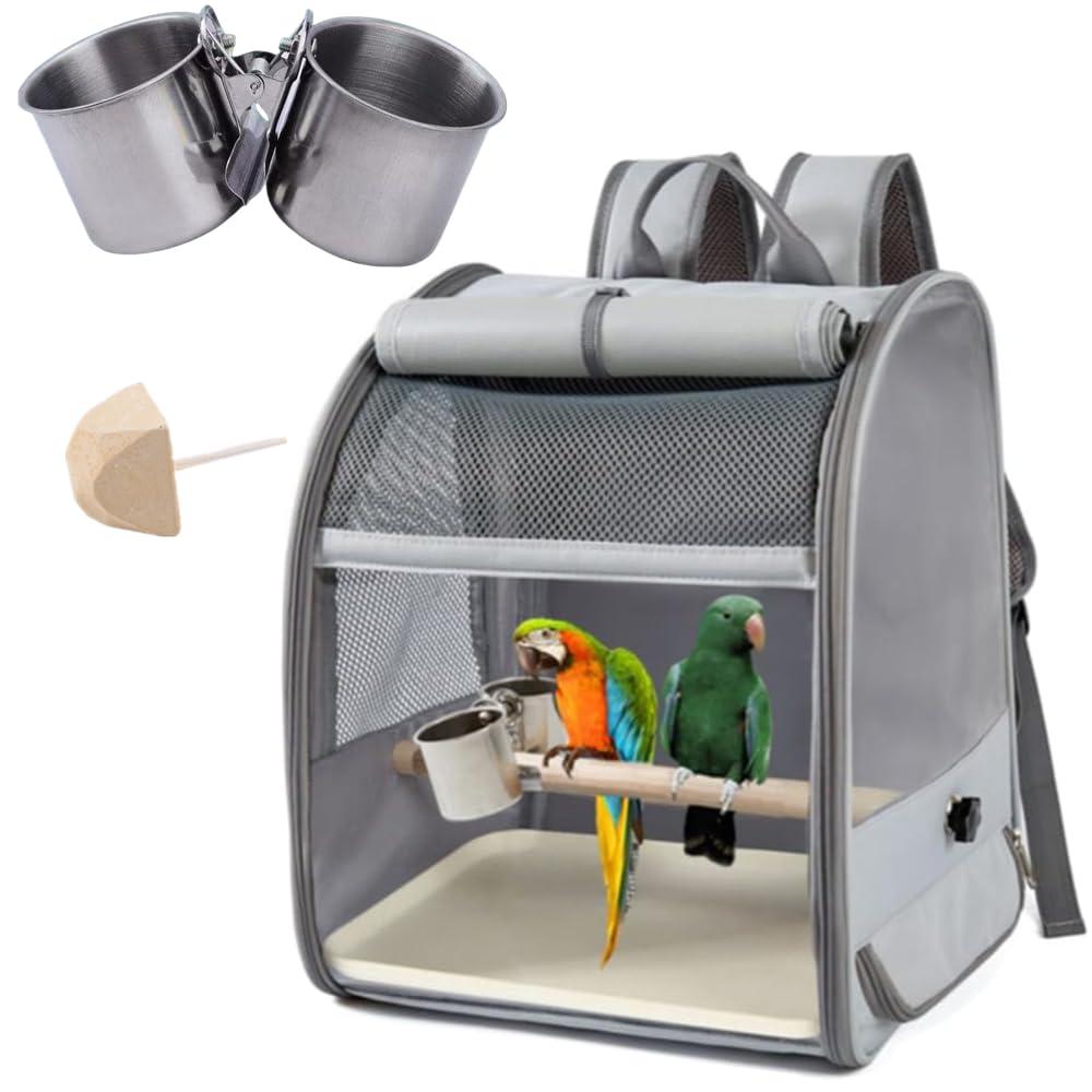 Zaino per Il Trasporto di Uccelli,con tazze a clip in acciaio inossidabile,con tende,con Supporto per Posatoio,pietra da 1 molari,per Escursioni,piccoli uccelli,1 vassoio di plastica