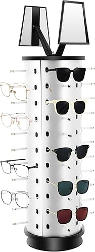 44 pares de soportes redondos para gafas, exhibición giratoria de 360 lentes de sol, organizador independiente con espejos ajustables y soporte de