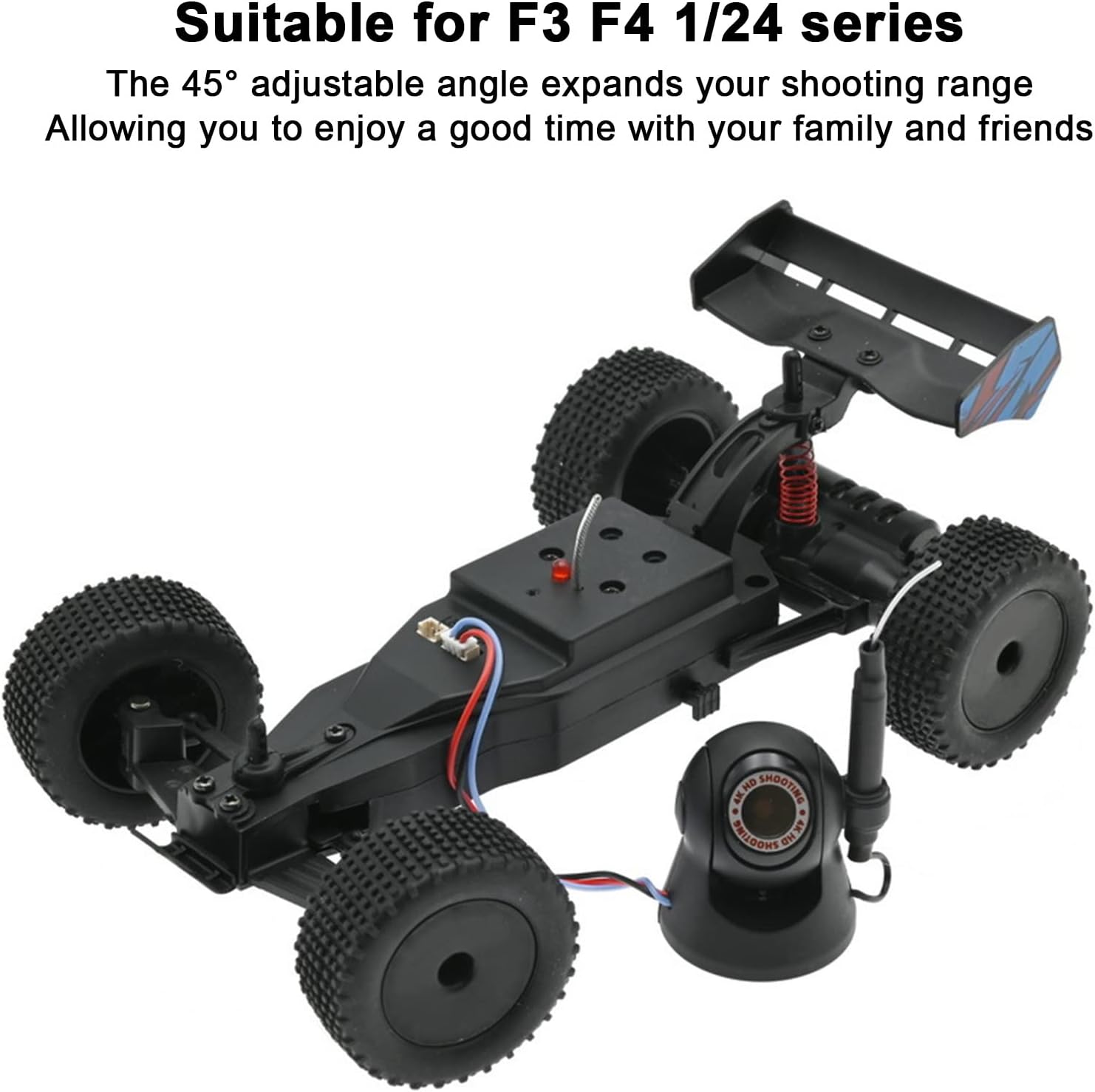 QANYEGN 720P HD WiFi Camera next to an RC car, highlighting its adjustable angle