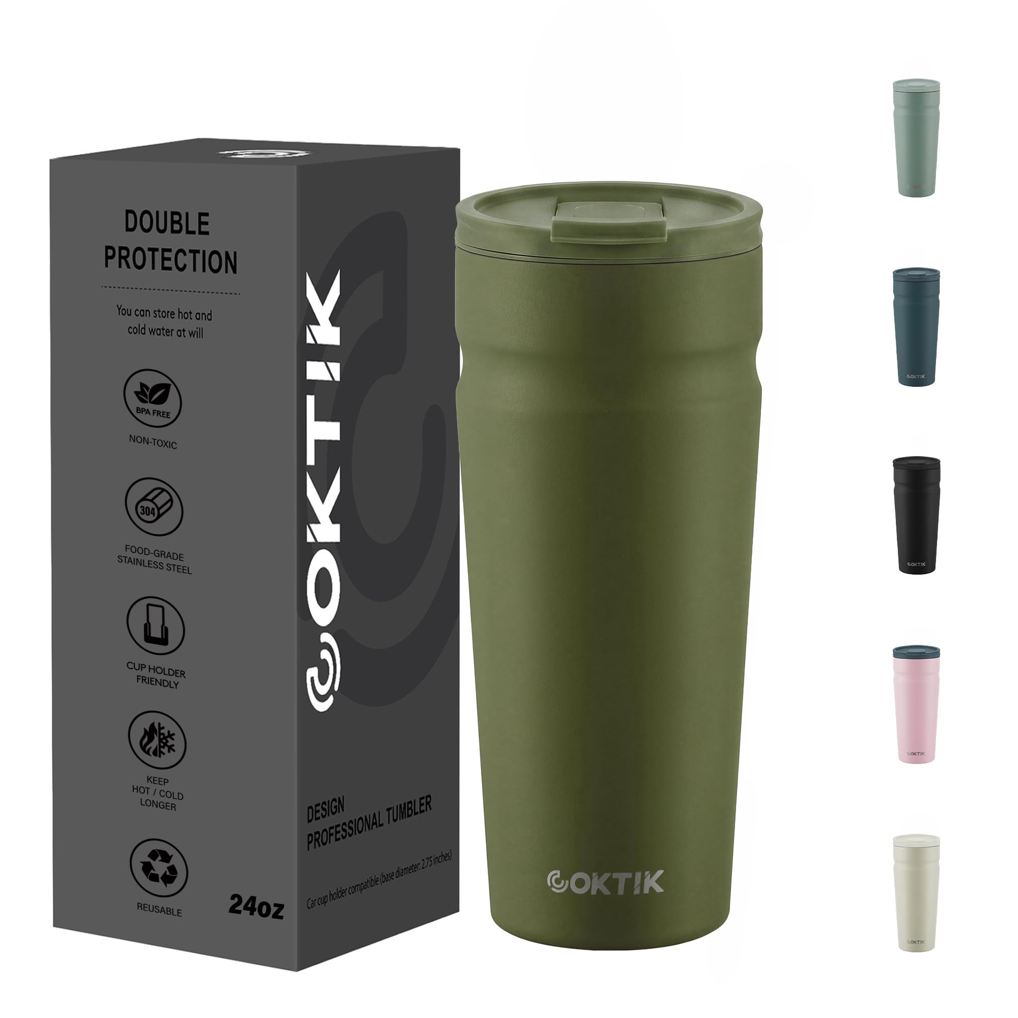 24oz Insulated Coffee Tumbler with Lid, Reusable Stainless Steel Iced Coffee Cup, Hot Travel Coffee Mug Cupholder Friendly, Olive