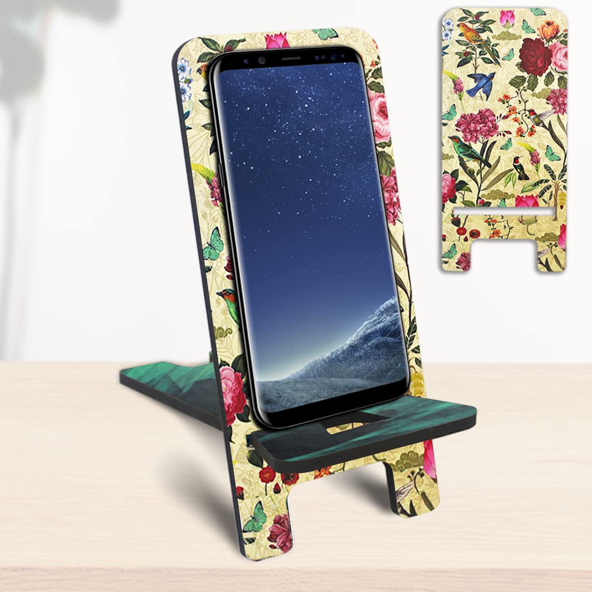 Home Genie Double Sided Laminated Phone Stands for Everyday Usage | Universal Size for All Mobiles and Small Tablet | Mobile Phone Stand for Table for Bed, Office, or Home (Design 1)