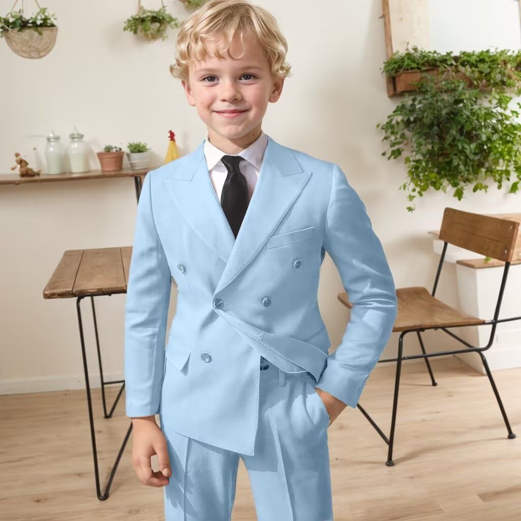 Boys Light Brown Double Breasted Suit 2 Piece Solid Suit Jacket Pants Set Toddler Ring Bearer Outfit for Wedding Prom Tuxedo Set 7