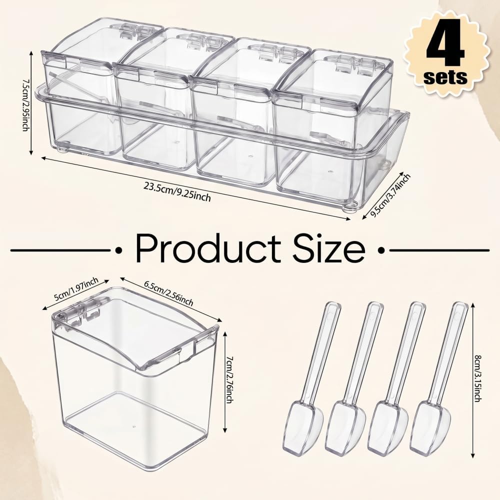 Transparent Seasoning Box,4 Pack Clear Seasoning Rack Spice Pots Condiments Containers with Lids and Spoons,Clear Seasoning Storage Container for Spice (Transparent) image 2