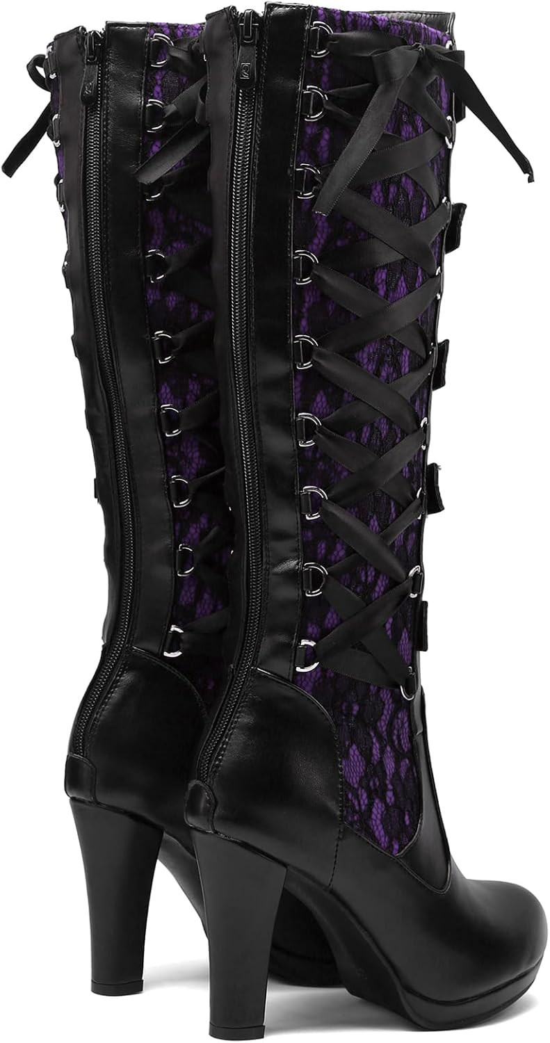 KysBloes Women Lace Goth Knee High Boots Buckle Block Heel Lace Up Knee Length Boots Punk Platform Tall Boots