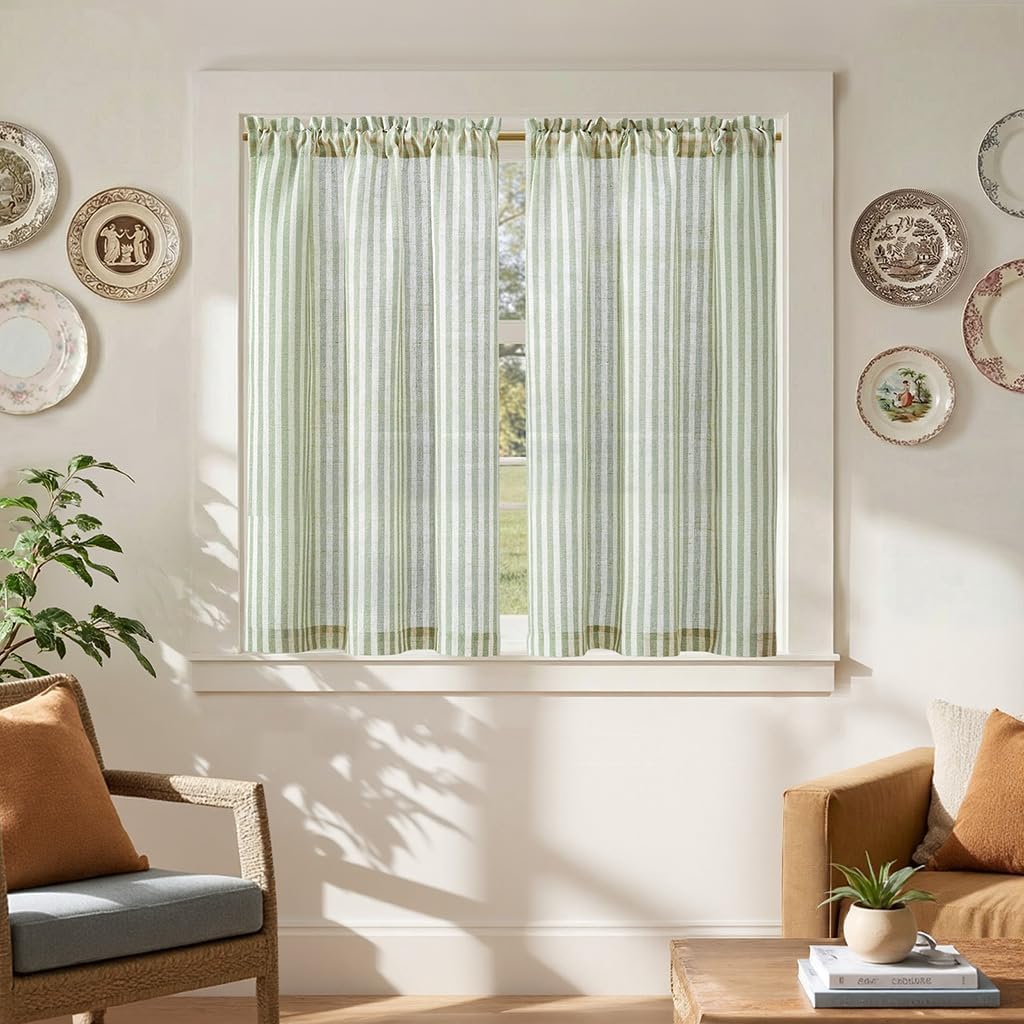 jinchan Striped Linen Kitchen Curtains 45 Inches Length Tier Curtains Farmhouse Modern Cafe Style Small Window Treatments Airy Light Filtering Rod Pocket for Living Room Bathroom 2 Panels Sage Green