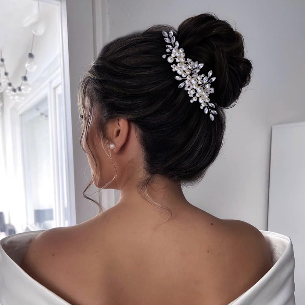 Pettine per capelli da donna con perle argentate e cristalli, accessorio per capelli con strass per spose e damigelle d'onore