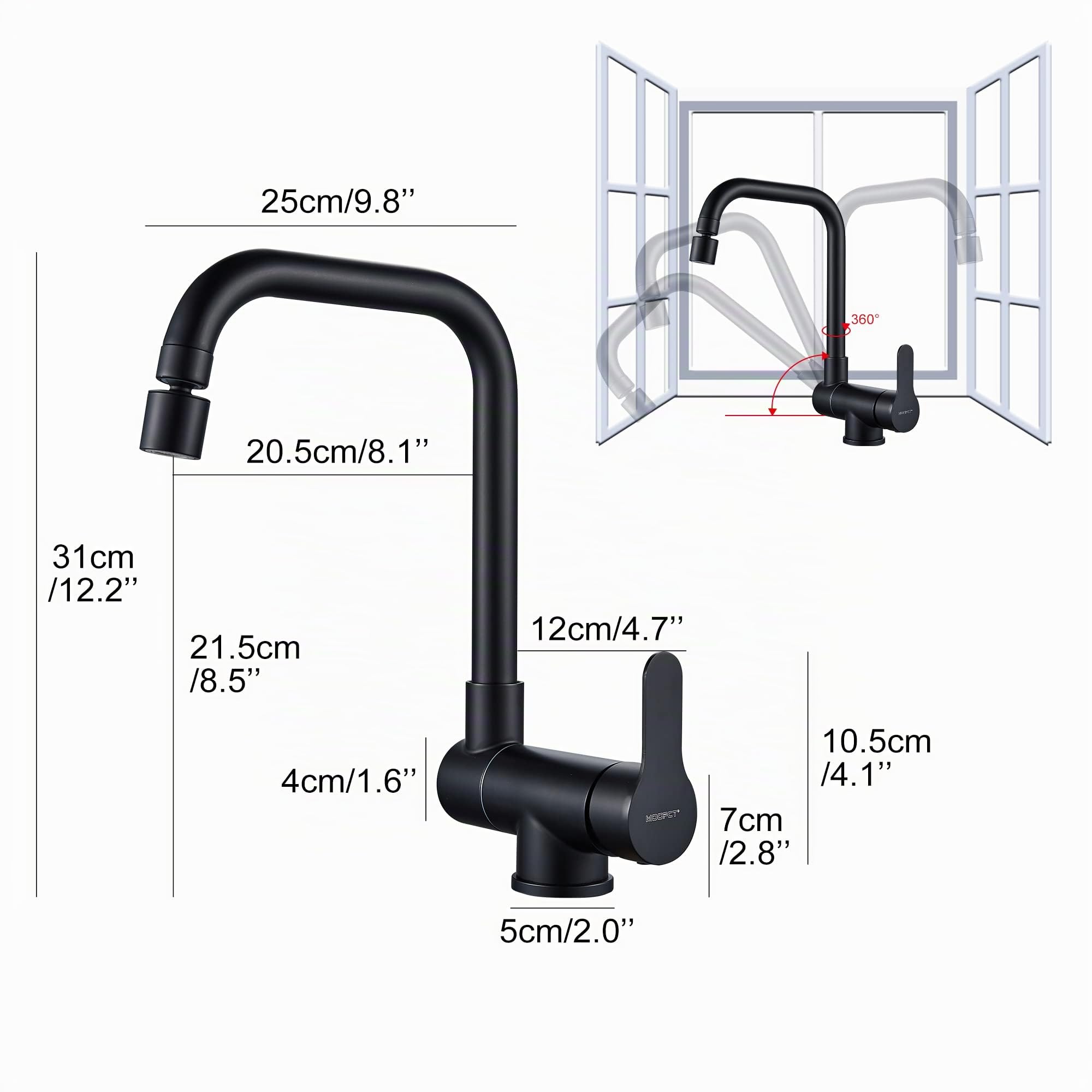 Robinet de cuisine rotatif 360° 2 modes pulvérisation pliable levier unique noir mat