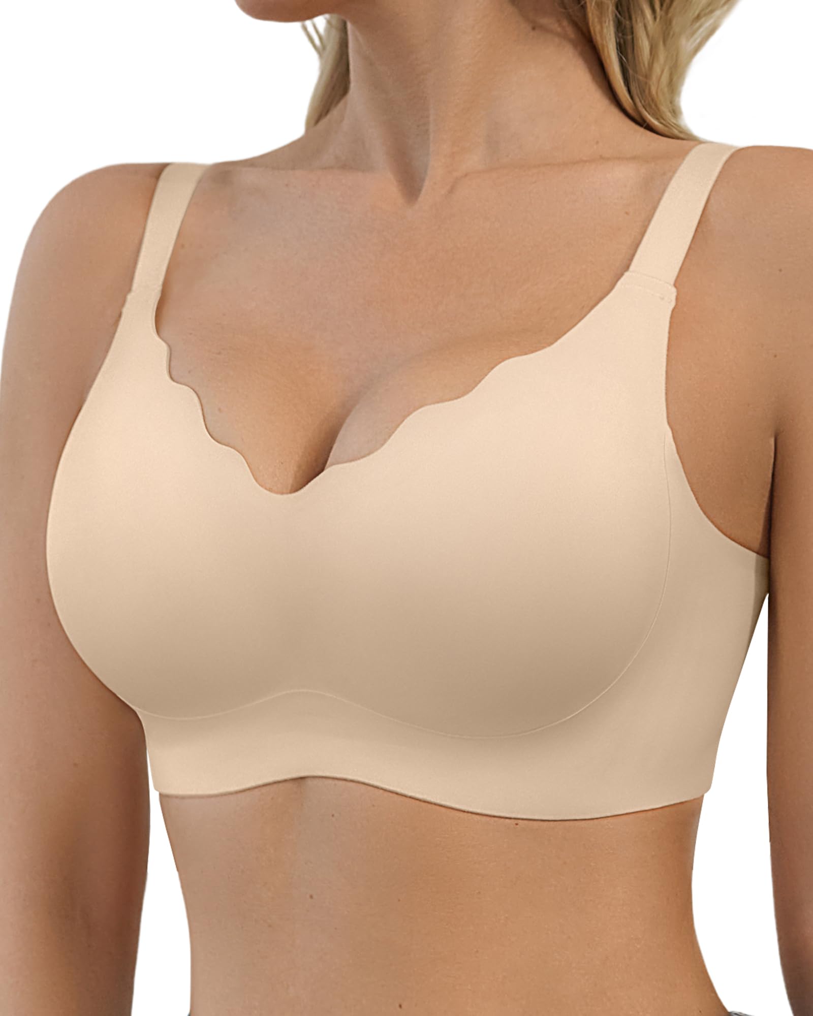 SHARICCA BH Damen Ohne Bügel - Nahtloser V Ausschnitt Gewellte Ränder Push Up BH Soft Atmungsaktiv Seamless Bustier Mit BH-Verlängerung