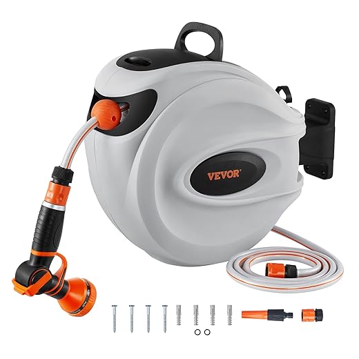 VEVOR Wall Mounted Garden Hose Reel 35 m x 12 mm 180° Swivel Support Hose Reel Nozzle 9 Models 3 Quick Adapters Auto Rewind with Lock for Watering Lawn, Garden, Car