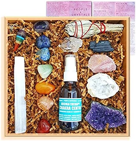 Premium Healing Crystals Full Gift Set/Includes 7 Chakra tumbles, Crystal Pendulum, Amethyst Cluster, Raw Rose Quartz, and Crystal Point/Bohemian Meditation Kit
