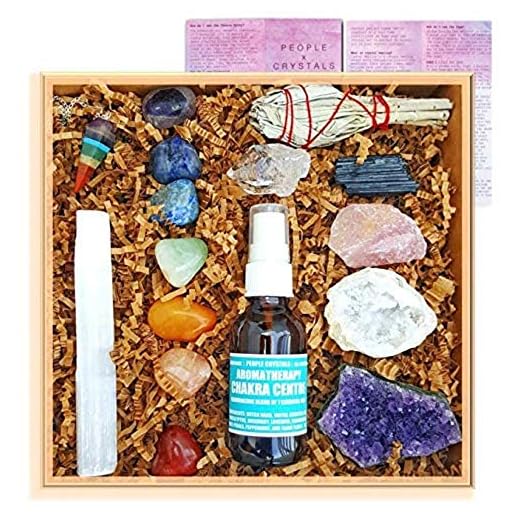 Premium Healing Crystals Full Gift Set/Includes 7 Chakra tumbles, Crystal Pendulum, Amethyst Cluster, Raw Rose Quartz, and Crystal Point/Bohemian Meditation Kit