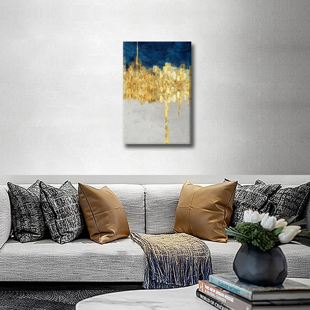 Gold Blue Abstract Art Canvas Wall Art Picture Minimalist Art Abstract Painting Print Contemporary Wall Decor for Home Living Room Bedrrom Bathroom Decor Framed Ready to Hang 16x24 in - Image 2