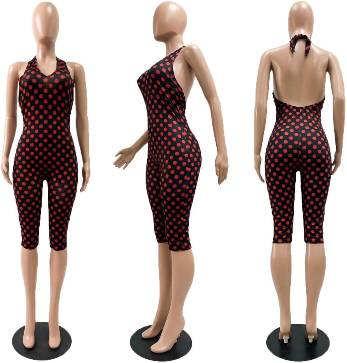 Molilove Women's Polka Dot Jumpsuits Sexy Halter V Neck Backless Bodycon Capri Romper Y2k Going Out Outfits Party Clubwear