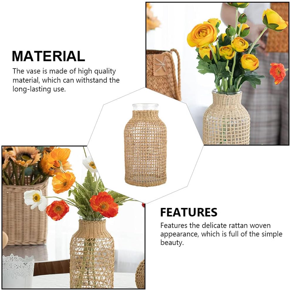 VORCOOL Rattan Woven Vase Rustic Country Style Flower Basket Glass Pot Seagrass Woven Floor Standing Vase for Home Flower Arrangement Table Centerpiece