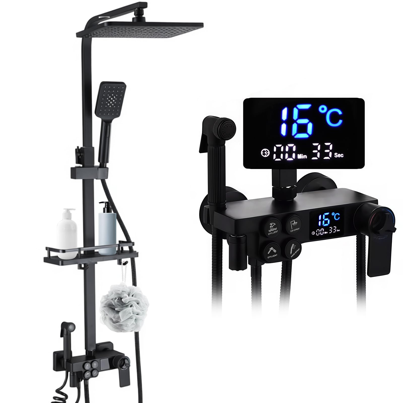 Columna de Ducha Termostática, Columna Ducha Negra con Grifo y Pantalla LED, Duchas de Baño Columna Bañera Altura Ajustable, Set Ducha 4 Modos Alcachofa de Ducha, Chorro, Grifo, Ducha Lluvia 30 x 20cm