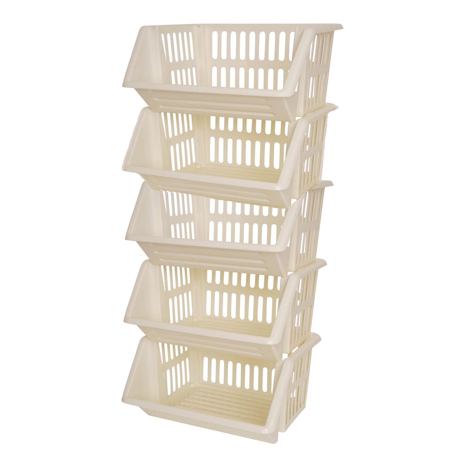 ZARVICZONIA Large Stacking Storage Baskets Veg Rack, Durable Plastic Stackers, Dimensions: 36 cm (L) x 30 cm (D) x 17.5 cm (H) (Cream, Pack of 5)