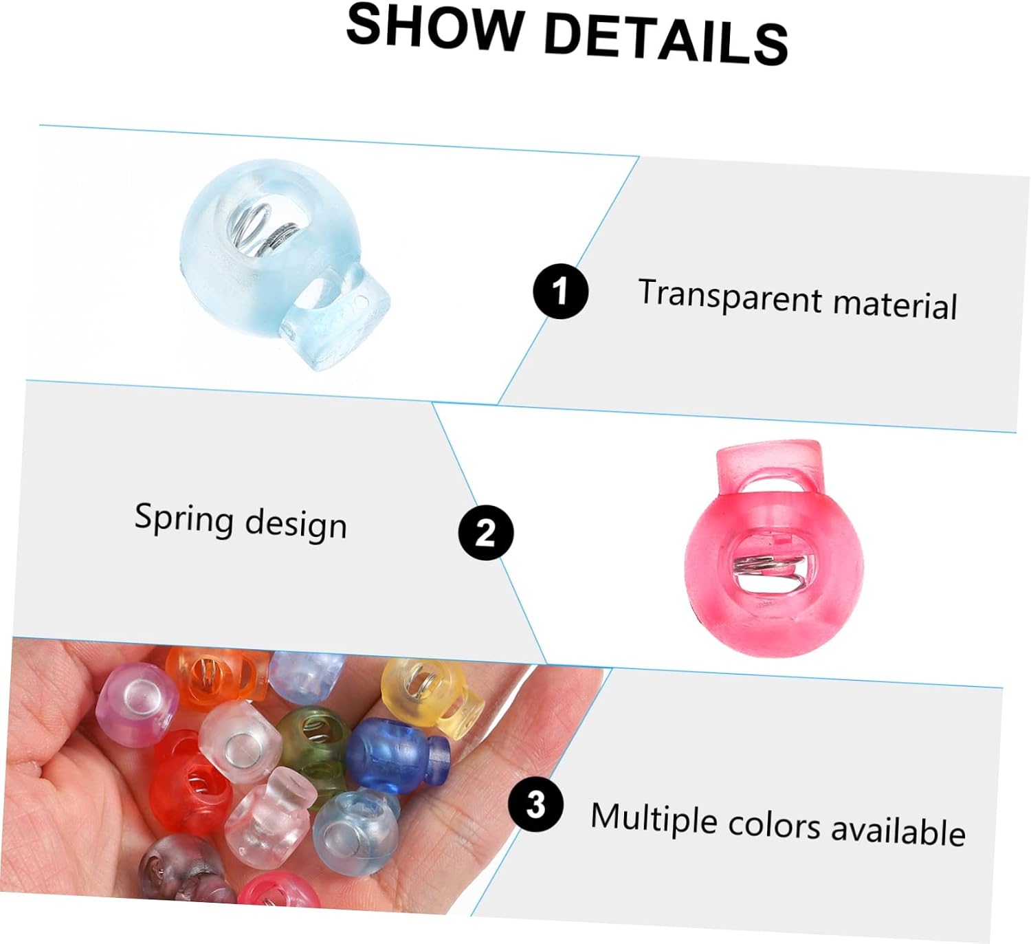 100pcs Mixed Plastic Spring Cord Locks for Drawstrings and Adjustable Cord Stoppers for Bags and Projects