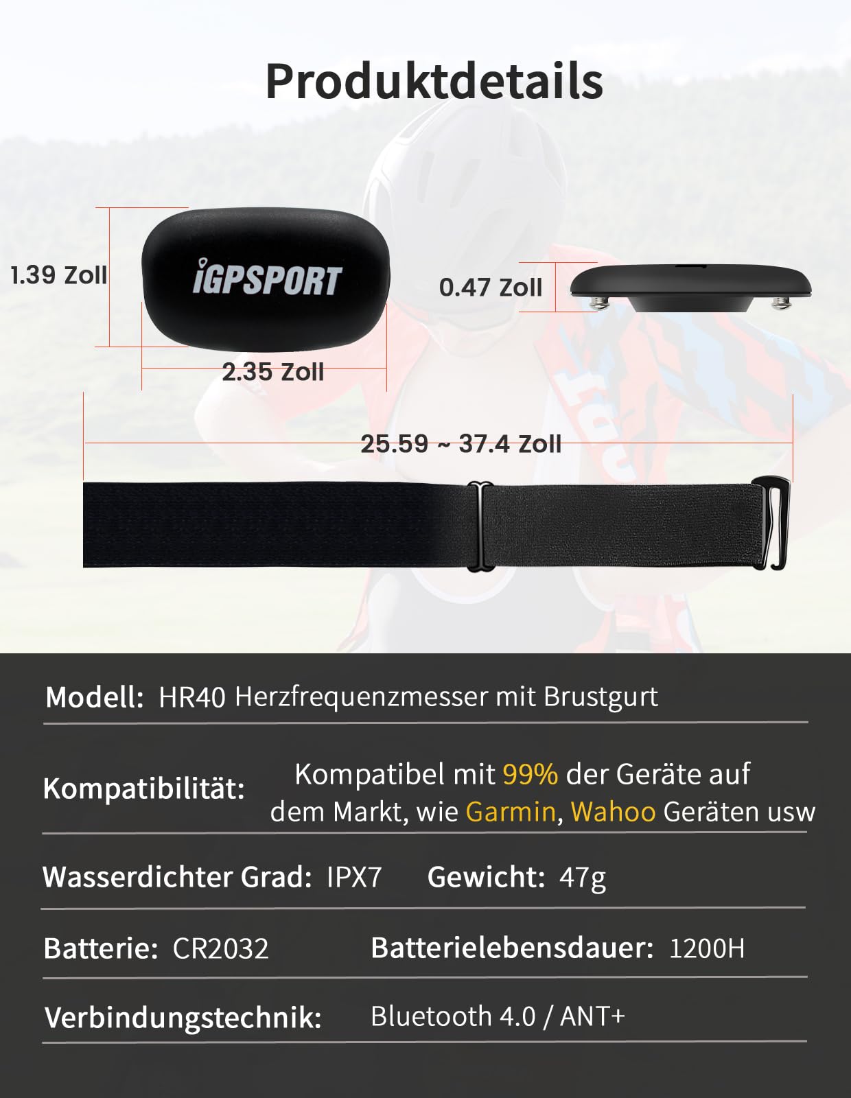 iGPSPORT HR40 Herzfrequenzmesser Pulsmesser Armband, Brustgurt Pulsmesser zur Aufzeichnung von Herzfrequenzwerten, ANT+ & Bluetooth HRM Messung IP67 Wasserdicht Herzfrequenzmesser (HR40)