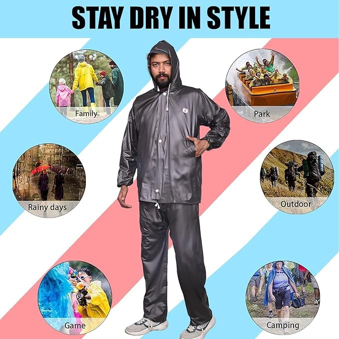 Image of HACER Wood Raincoat Set with Drawstring Hem Adjustable Hood & Pants Rain Gear Wet Weather Protection Rainsuit with Carrying Pouch