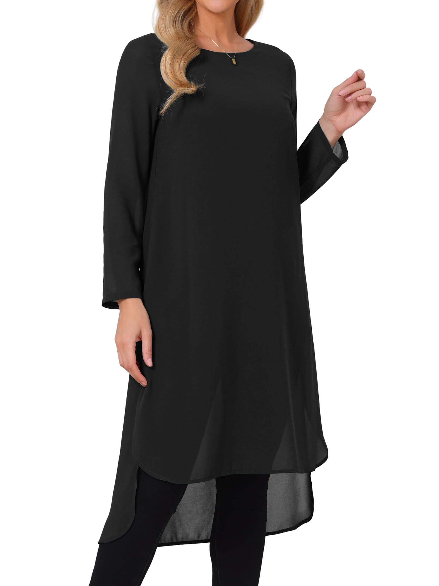 Seta T Camicetta da donna in chiffon, con scollo rotondo, asimmetrica, a maniche lunghe, con spacco laterale, casual