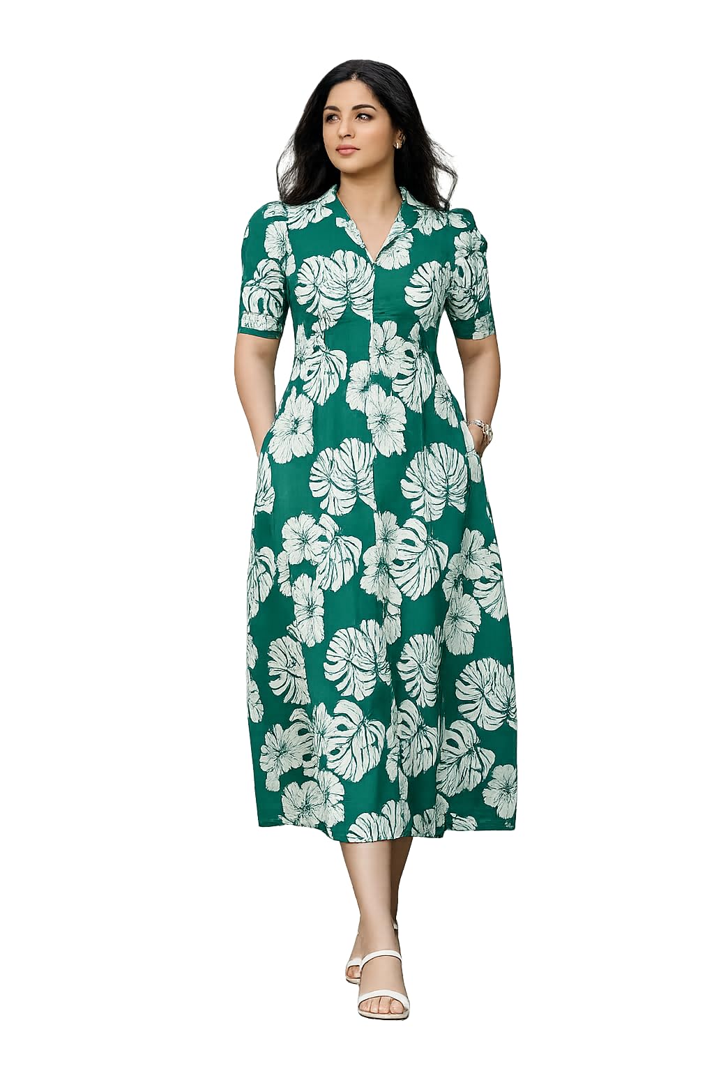 bhamo Women's Tropical Leaf Print Midi Dress | Rayon Casual A-Line Dress for Women | Collared V Neck Half Sleeve Summer Dress with Pockets | Floral Printed Office, Dress-picture-25