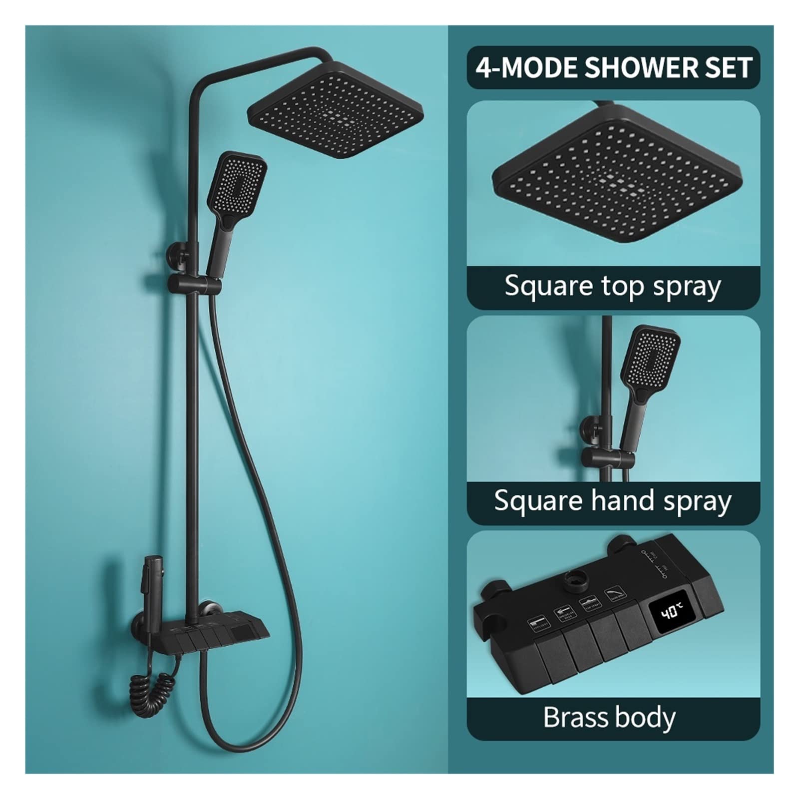 Mezclador inteligente termostático para ducha Juego de ducha digital de piano gris Grifos de baño de latón inteligente Grifo de cascada fría y caliente Sistema de ducha gris de lluvia ( Color : Balck