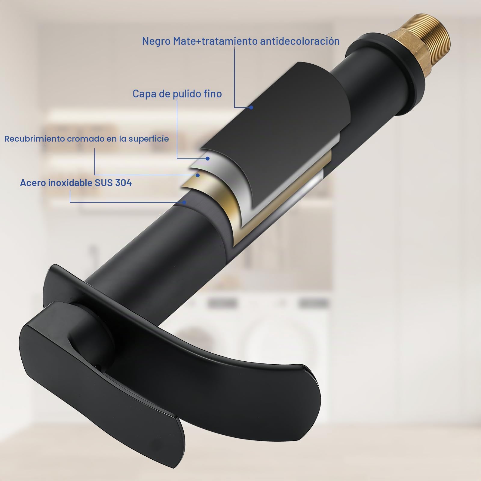 Grifo de lavabo de baño en cascada, grifo de baño alto negro, manija única, con desagüe de metal y tubo de alimentación de agua, orificio único, adecuado para barcos.