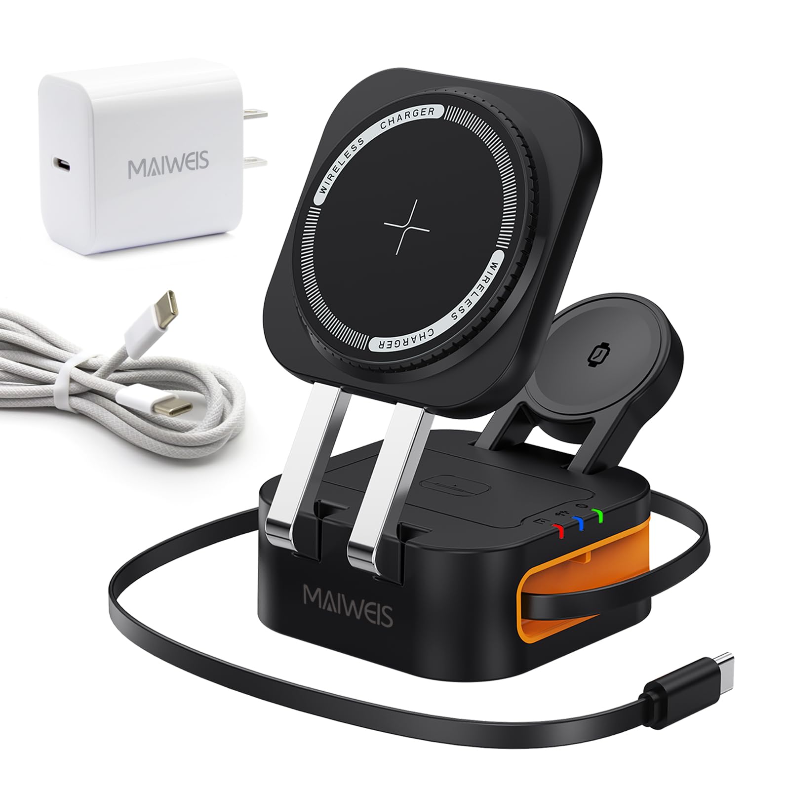 Retractable Cable Charger, 3 in 1 Foldable Magnetic Wireless Charging Station for iPhone 17/16/15/14, Apple Watch Ultra/SE, AirPods Pro (Black)