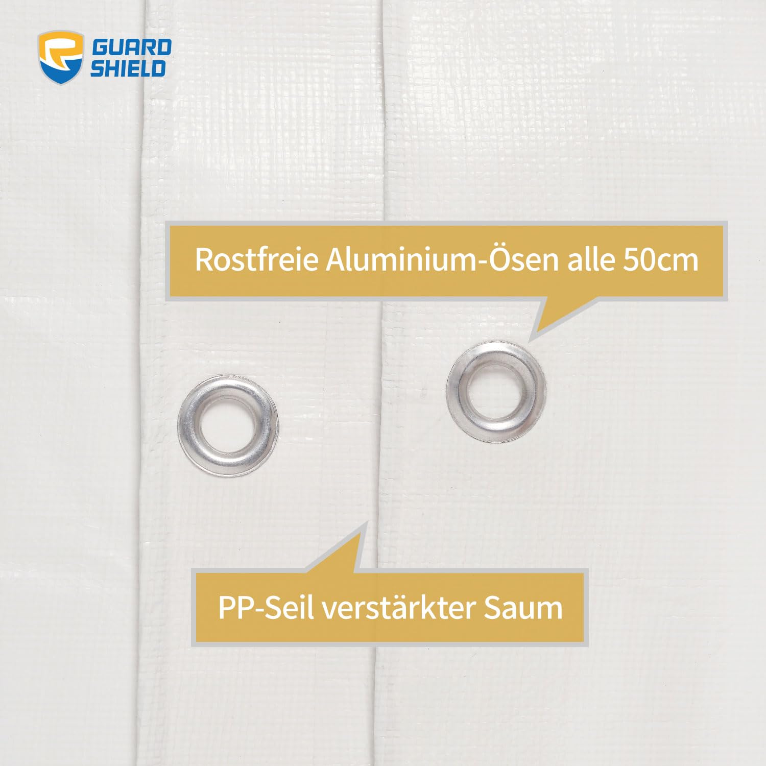 GUARD SHIELD Telone multiuso con occhielli Impermeabile 3 m x 3 m Bianco Telone in tessuto 200 g/㎡ Telone protettivo Telone multiuso, resistente allo strappo, stabilizzato ai raggi UV, resistente alla