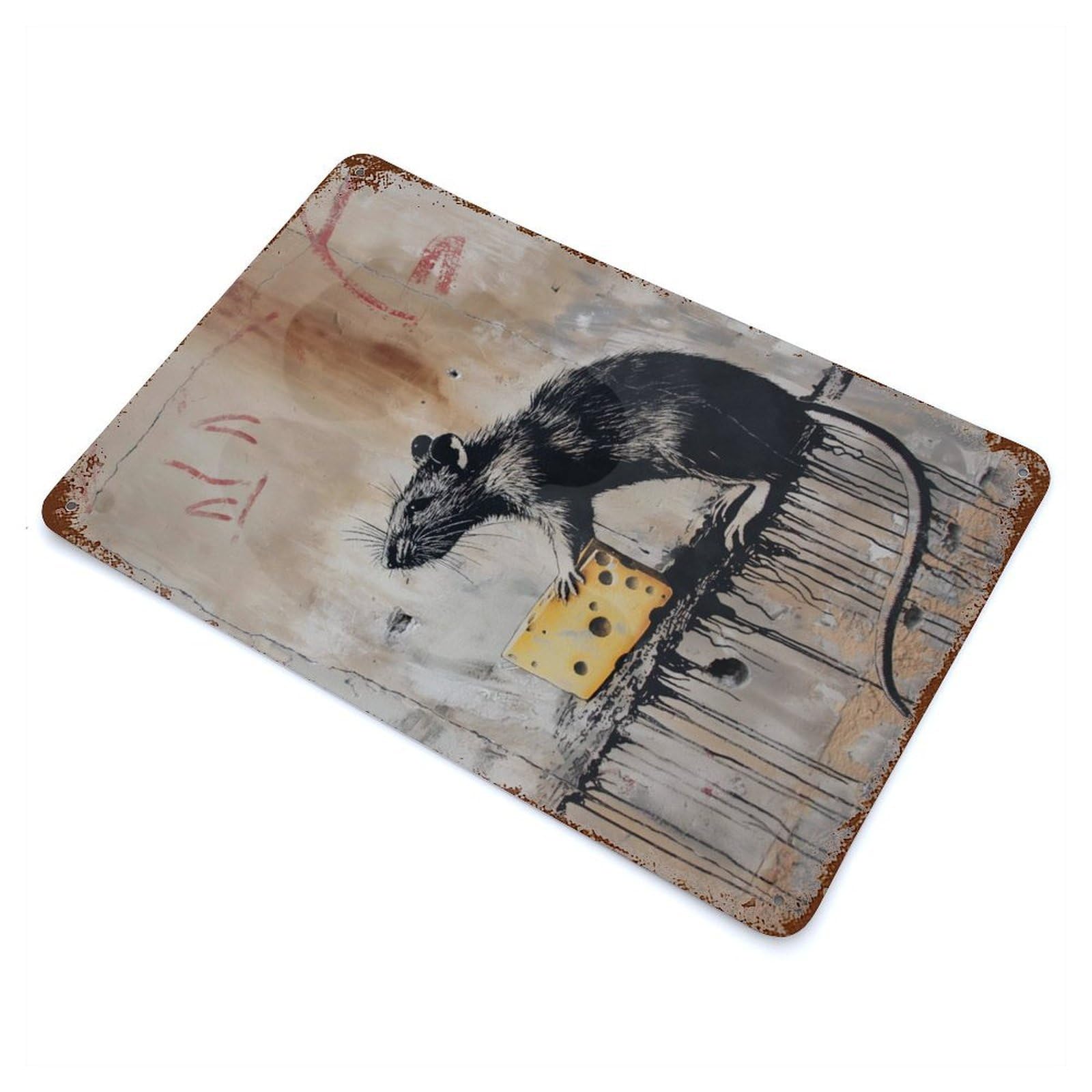 Vintage Rust Metal Sign Bansky Rat Cheese Art 11.8"x7.9", Novelty Wall Decor for Garage, Bar And Workshop Decor