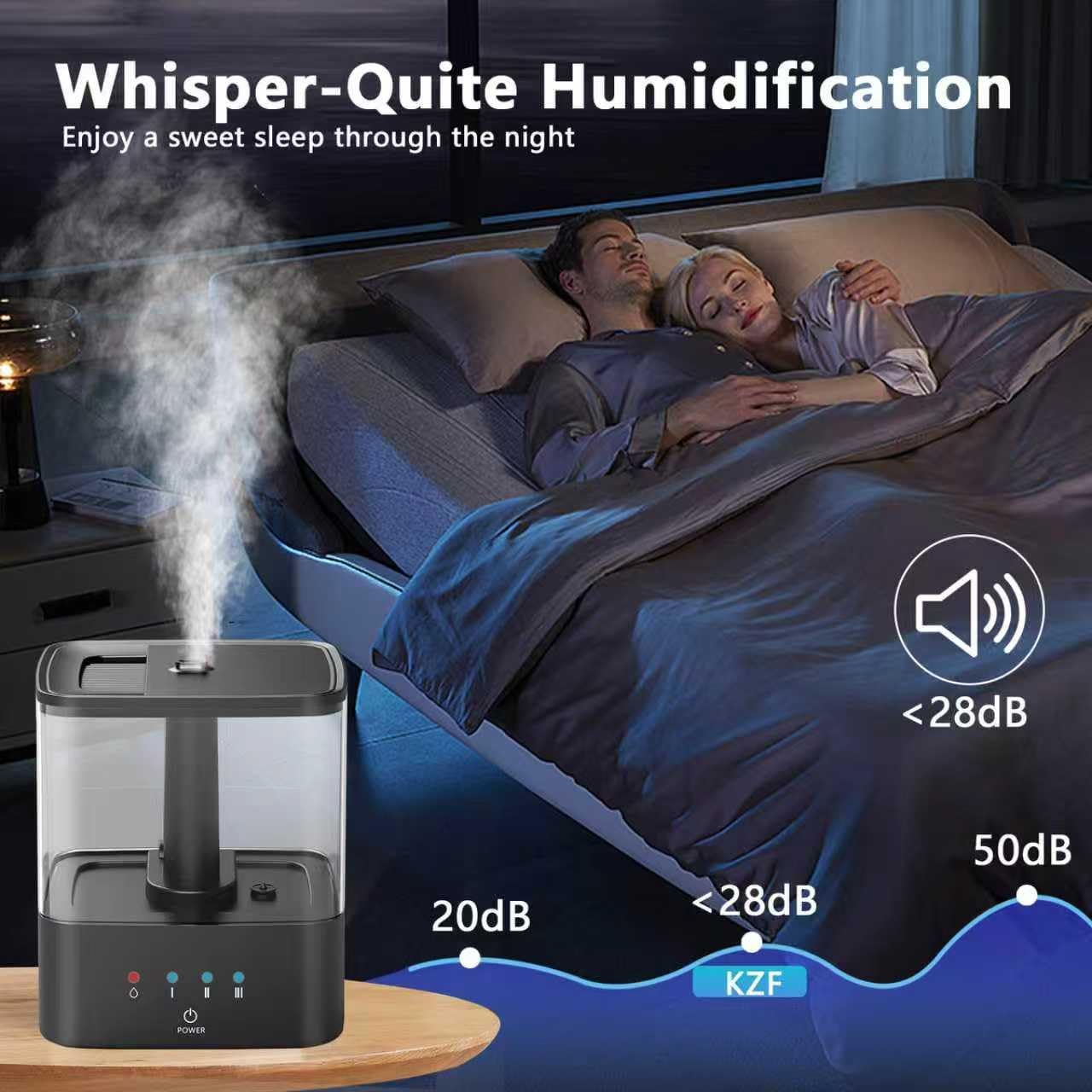 kzf 4l top fill humidifiers for bedroom & 60h runtime - cool mist humidifier, 3 mist levels, 8h timer, essential oil tray, humidity display, quiet for bedroom, baby, plants, large room (black, 3.8l) black 3.8l