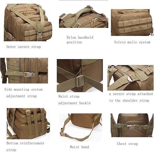 Miniatura 4 de Mochila táctica 45L 3 días Bug Out Molle Survival Mochila, Beige Bronceado, Sistema Molle