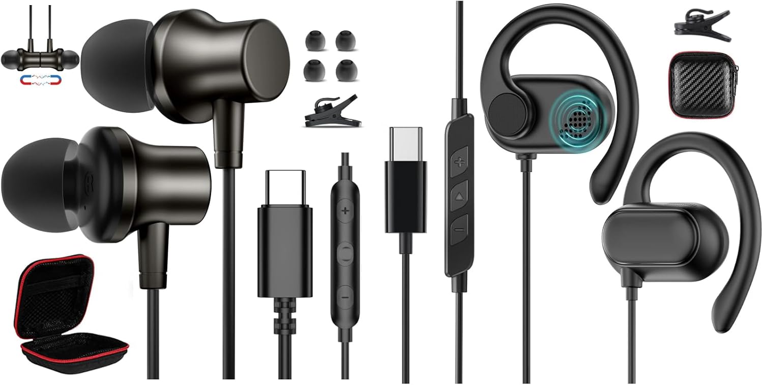 2 Pack in Ear Open Ear USB C Headphones for Samsung S25 FE S24 Ultra S23 A17,Over Ear Buds USB Type C Earphones Wired with Adjustable Ear Hooks for iPhone 17 Pro Max 16E 16 Plus 15,USB-C Headset