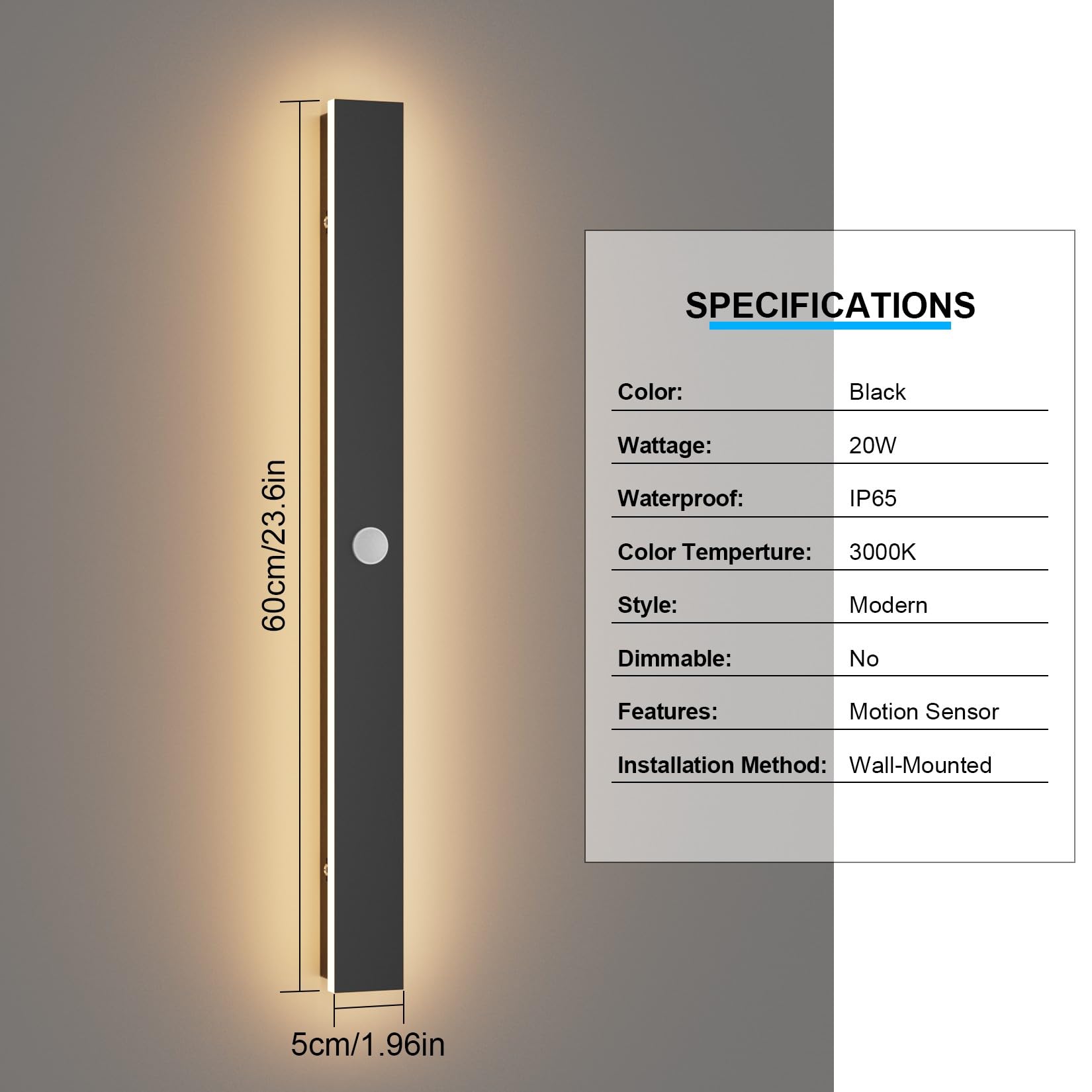 K-Bright Applique da Parete Lunga con Sensore di Movimento LED Moderno Lampada Esterno Interno Bianco Caldo 3000K Per Terrazzo Balcone Porta IP65 Impermeabile Nero 60CM
