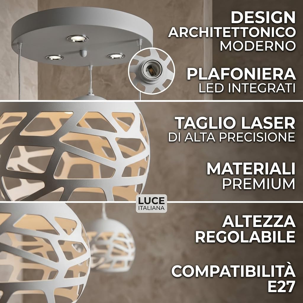 MAKA Lampadario a Sospensione Soffitto 3 Lampade E27 Sospese Moderno Regolabile per Camera da Letto Cucina Soggiorno Plafoniera LED Integrati Illuminazione Interna Design Contemporaneo Elegante Casa