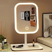 Espelho de Mesa para Maquiagem Recarregável com Luzes LED em 3 Cores Ajustáveis com Botão Touch Screen e Base Porta Objetos Jóias