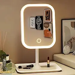 Espelho de Mesa para Maquiagem Recarregável com Luzes LED em 3 Cores Ajustáveis com Botão Touch Screen e Base Porta Objetos Jóias