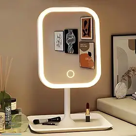 Espelho de Mesa para Maquiagem Recarregável com Luzes LED em 3 Cores Ajustáveis com Botão Touch Screen e Base Porta Objetos Jóias