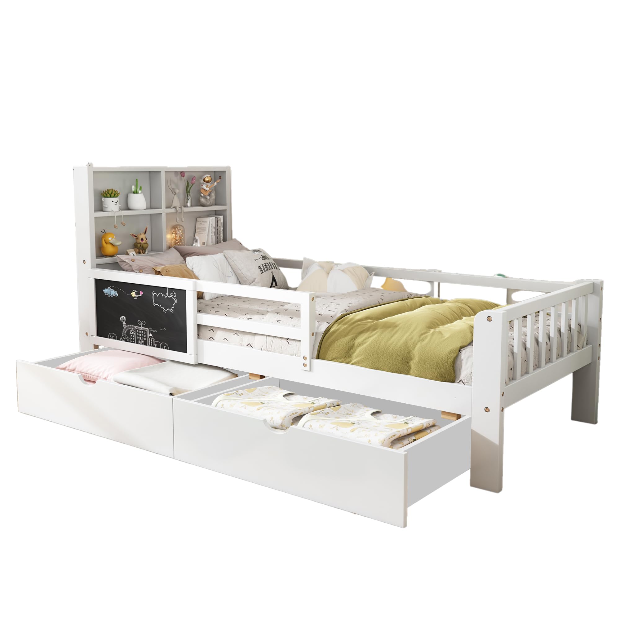 Azkoeesy Letto singolo per bambini con cassetti e ripiani contenitore, 90x200 cm, con protezione anticaduta e lavagna, Legno di pino, bianco