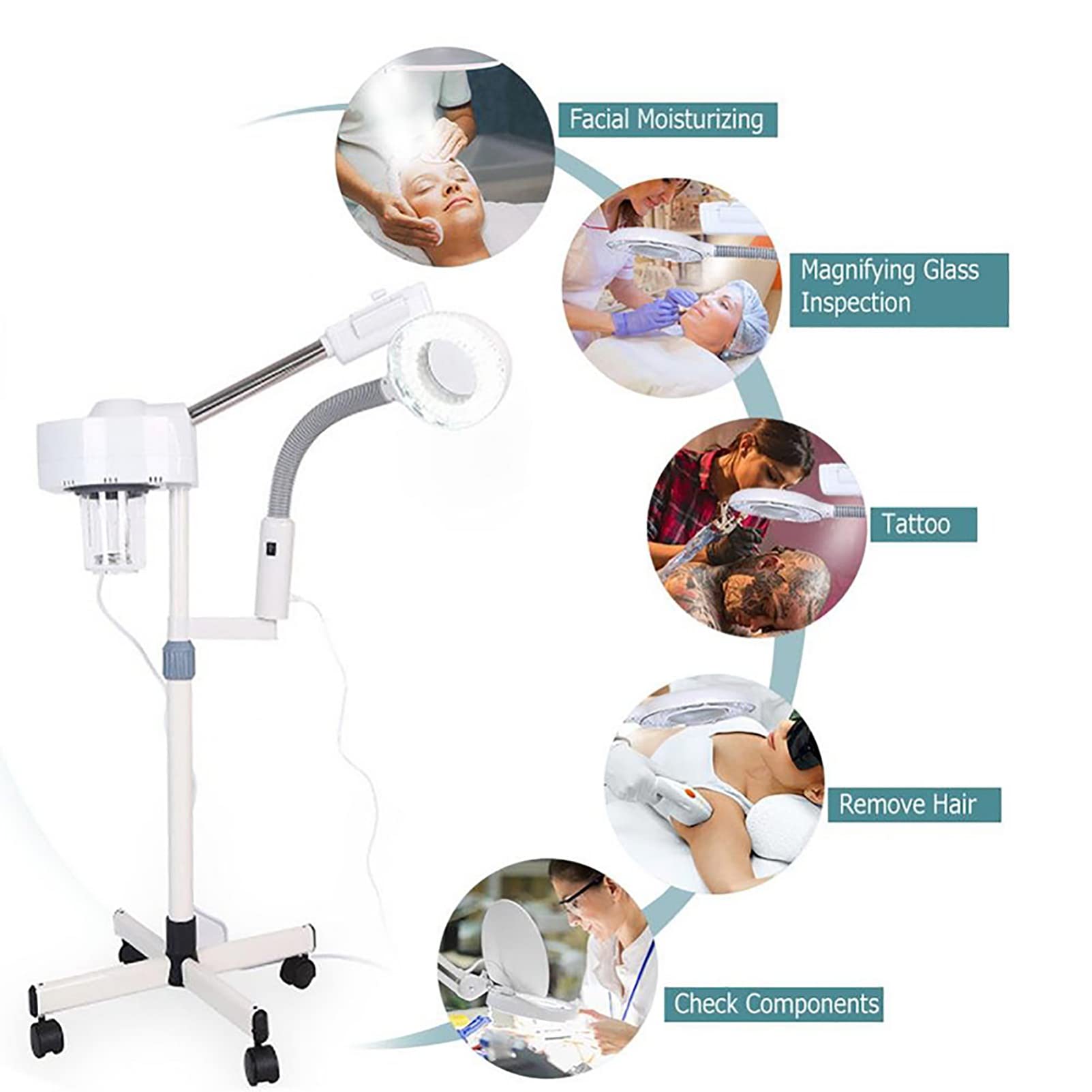 Vaporizzatore Facciale Professionale, Vaporizzatore per Umidificatore a Vapore Facciale 2 in 1 Lampada da Terra con Ingrandimento 5X LED, Attrezzatura per La Cura della Pelle di Bellezza