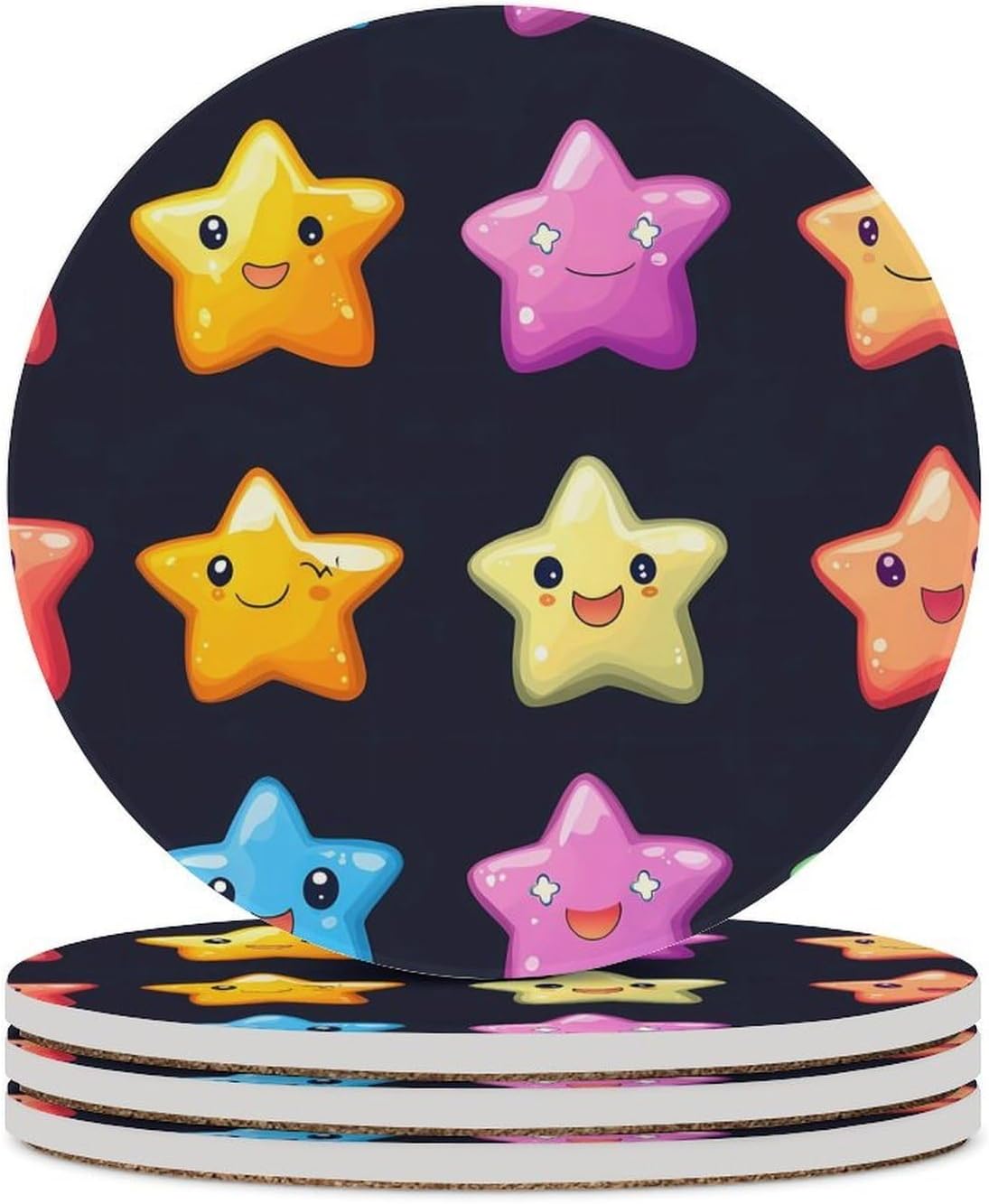 Colorful Stars Coasters for Drink Round Ceramic Coaster with Cork Base Home Decorative 4PCS